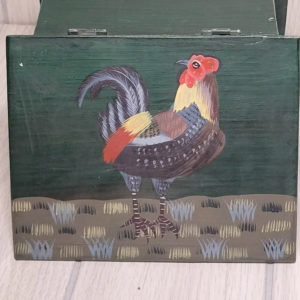Vintage Han Painted Rooster Wood Recipe Box Bird Farmhouse Country Prairie